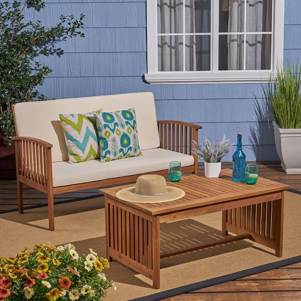 Noble House Carolina Brown 2-Piece Wood Outdoor Patio Conversation Set with Cream Cushions