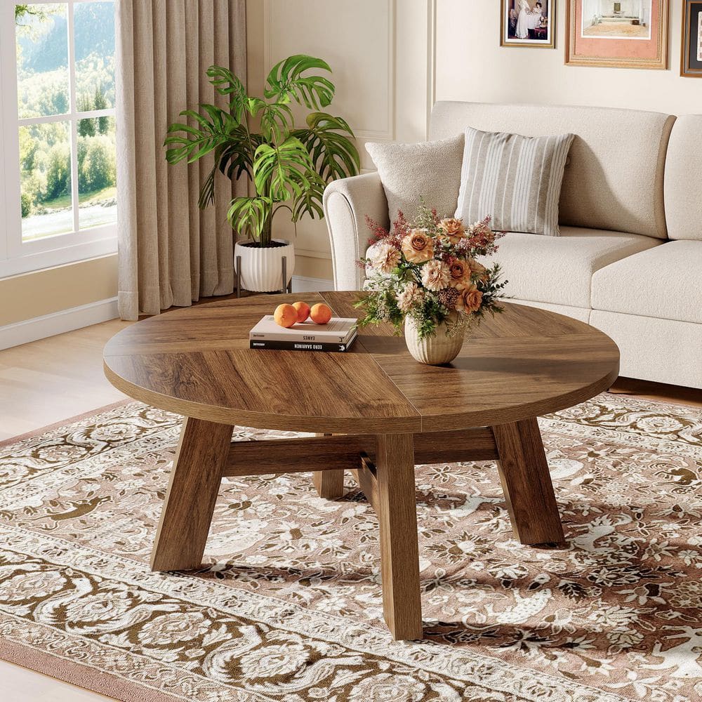 BYBLIGHT Allan 39.37 in. L Brown Round Wood Coffee Table, Mid
