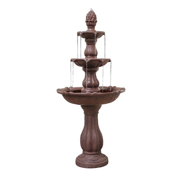 Resin Freestanding Waterfall Decor 3-Tier Water Fountain, Pump and Pineapple Top, 51 in. Tall, Brown, Large Outdoor