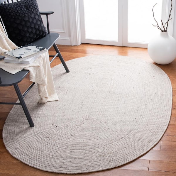 Braided Beige 5 ft. x 7 ft. Oval Speckled Solid Color Area Rug
