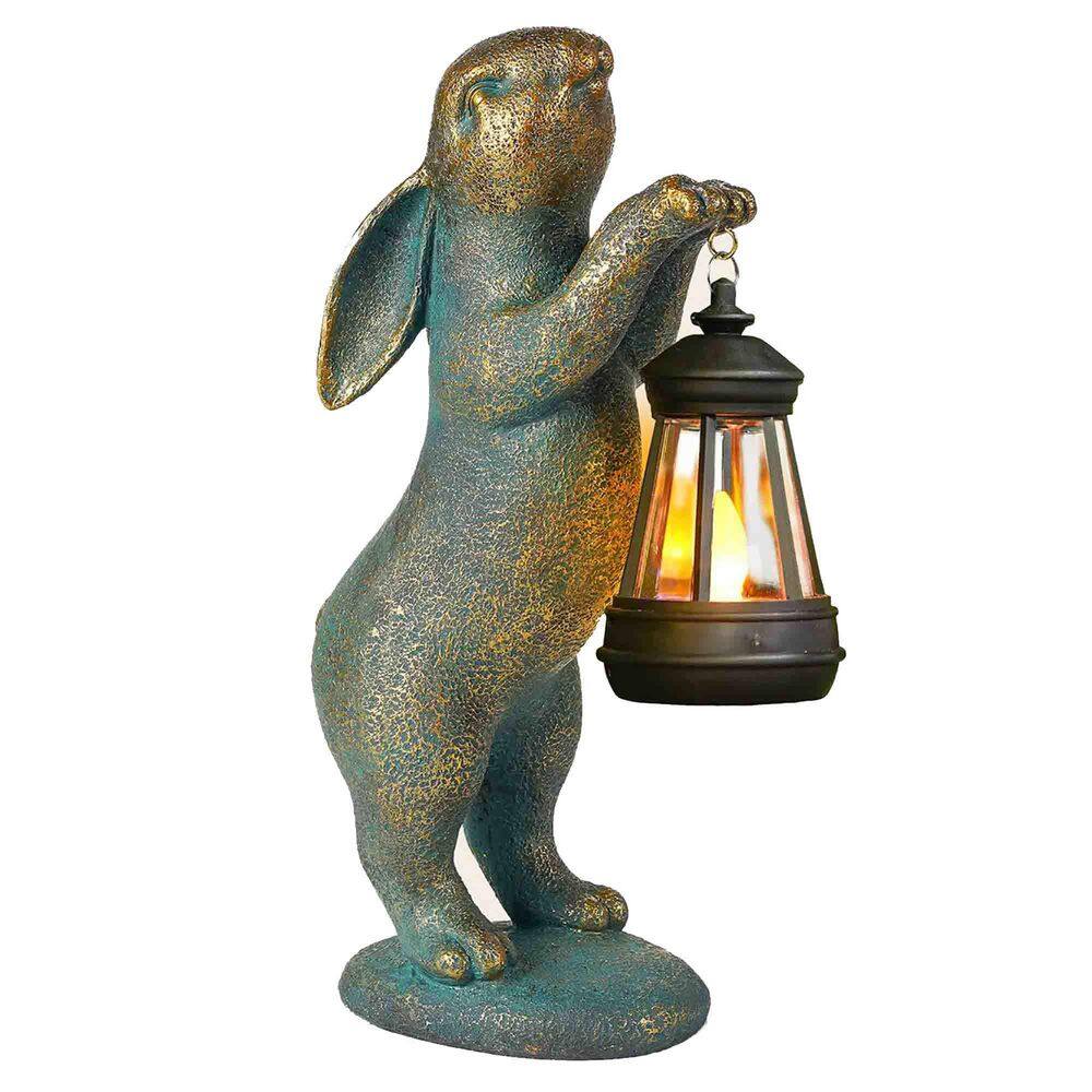 FAWEY TRED INC 11.4 in. Solar Powered Resin Rabbit Statue with ...