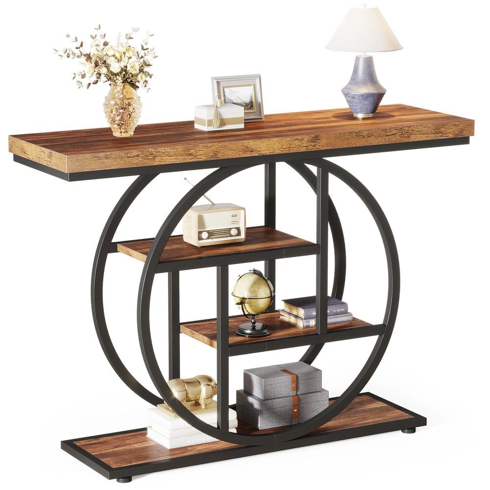 Rustic Brown 41.3" Industrial Wood and Metal Console Table with Storage