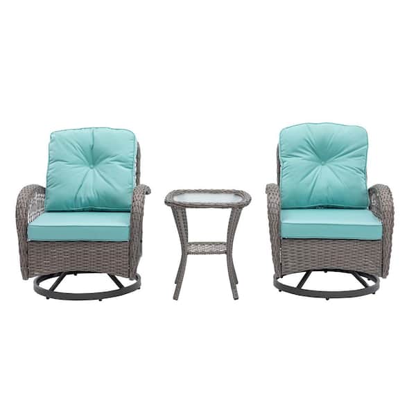 Tenleaf Grey 3-Piece Patio Wicker Conversation Set with Light Blue Cushions