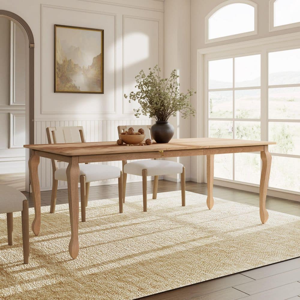 Transitional Farmhouse Style Rectangular Extendable Light Natural Wood 36.8 in. 4 Legs Dining Table Seats 6