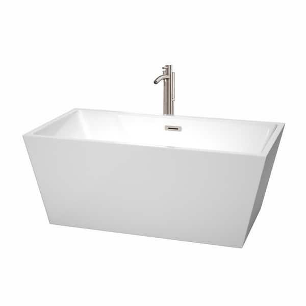 Wyndham Collection Sara 59 in. Acrylic Flatbottom Non-Whirlpool Bathtub in White with Brushed Nickel Trim and Faucet