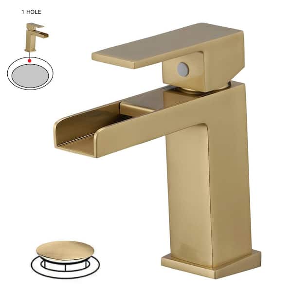 BWE Waterfall Single-Handle Single-Hole Modern Bathroom Faucet Bathroom Drip-Free Lavatory RV Sink Faucet in Brushed Gold