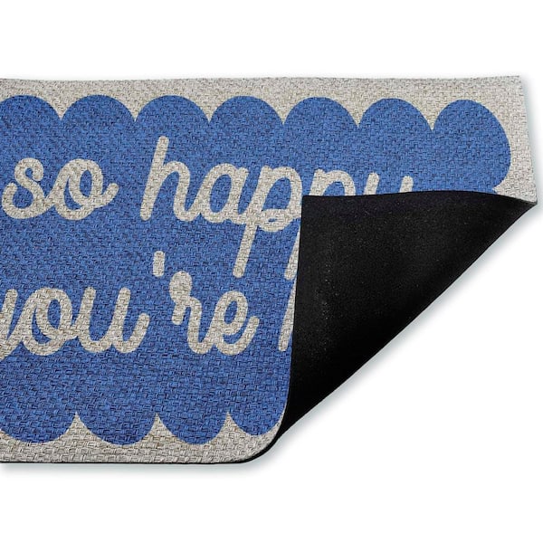 So Happy You're Here Blue 18 in. x 30 in. Polyester Non-Slip Outdoor Door Mat