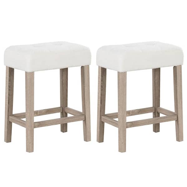 Costway 24 in. White Backless Wood Bar Stool with Polyster Sherpa Fabric (Seat Set of 2)