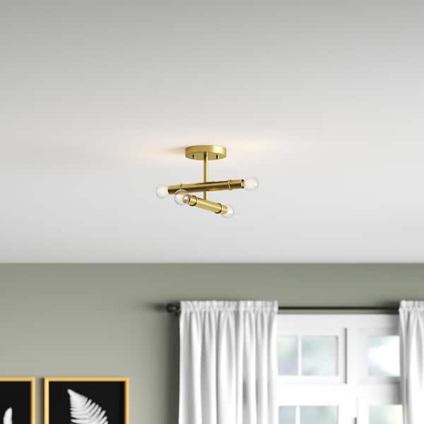 Emmett 12 in. 4-Light Old Satin Brass Mid-century Entryway Semi-Flush Mount with No Bulbs Included
