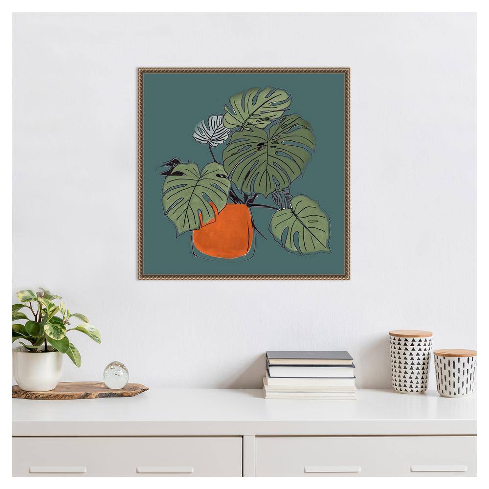 Retro Potted Plant on Teal Canvas Wall Art with Bronze Frame