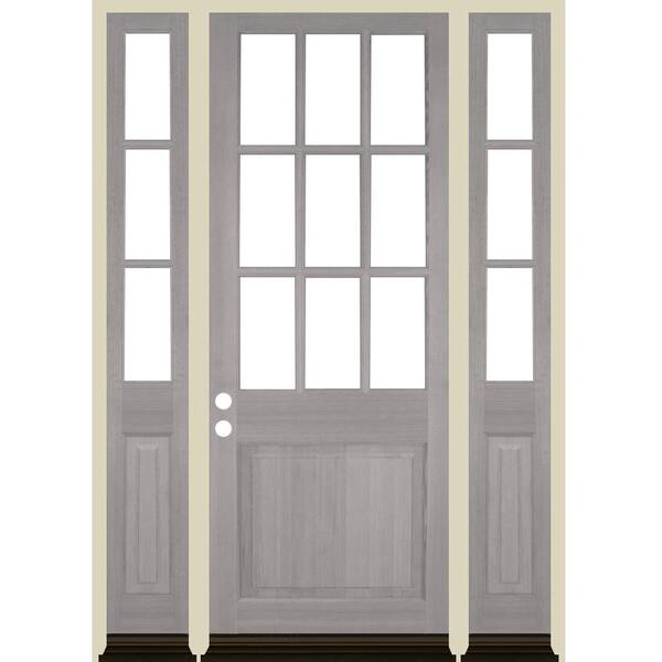 Krosswood Doors 64 in. x 96 in. Farmhouse 9-Lite Clear Glass Right Hand Grey Stain Hemlock Wood Prehung Front Door w/ DSL