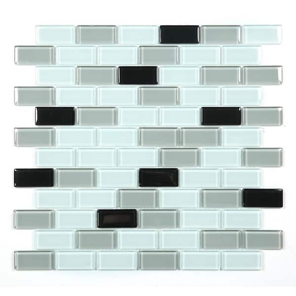 Forever 12 in. X 12 in. Glossy Black White Glass Backsplash Wall Tile (14 sq. ft./Case)