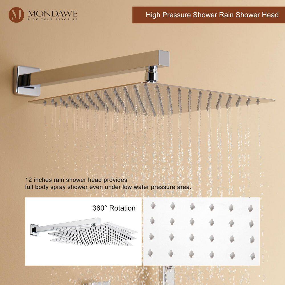 12 Inch Chrome LED Wall Mounted Rain Shower System with Handheld and Body Jets
