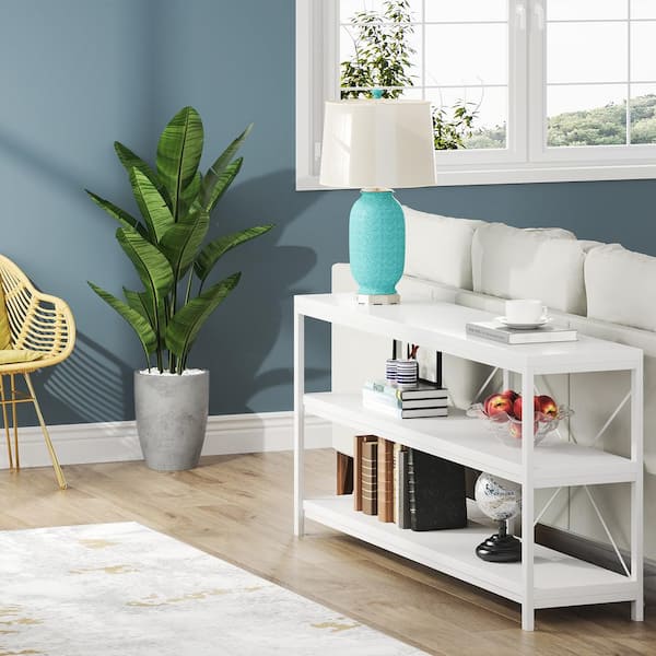 BYBLIGHT Turrella 55 in. W White 3-Tiers Narrow Long Rectangle Wood Console Table with Storage Shelves for Entryway Sofa