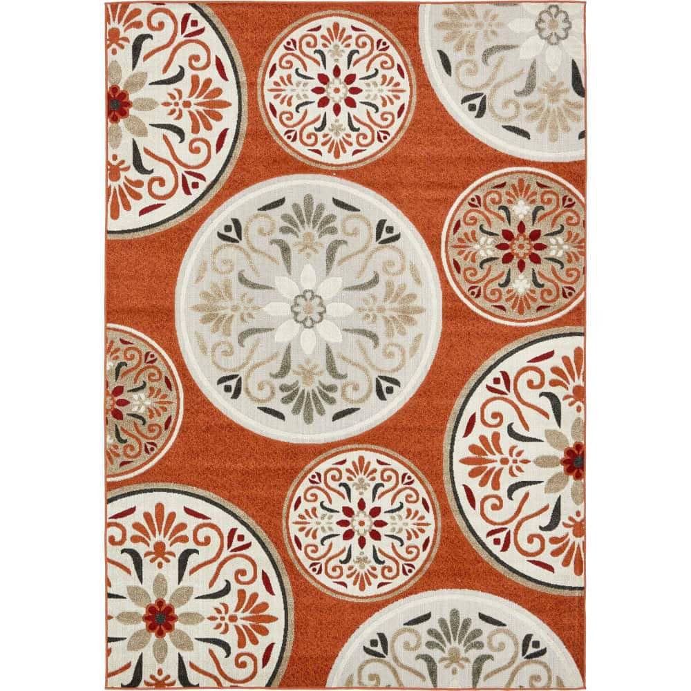 Terracotta and Beige Synthetic Rectangular Outdoor Area Rug