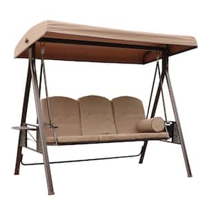 3-Seats Metal Outdoor Patio Swing with Beige Cushions