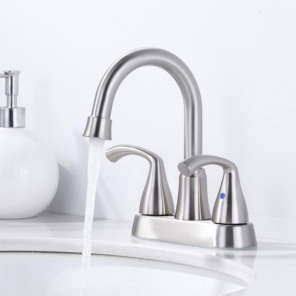 Brushed Nickel Double Handle High Arc Bathroom Faucet with Pop-Up Drain