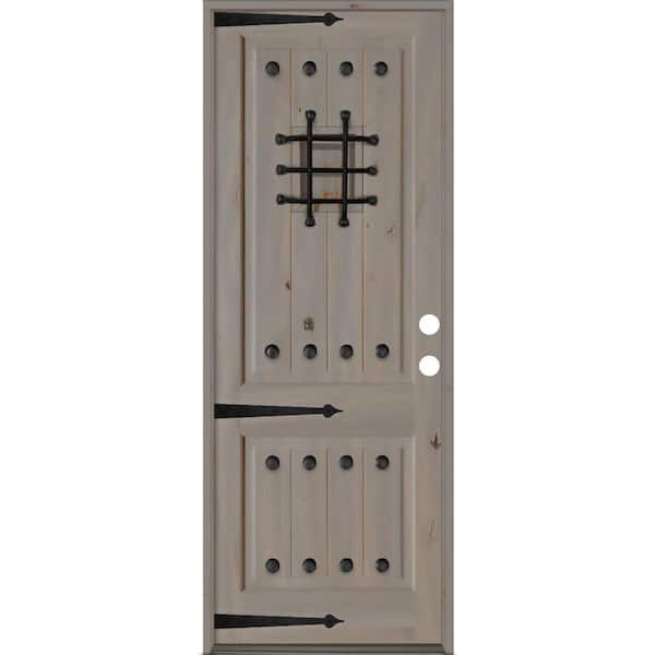 Krosswood Doors 32 in. x 96 in. Mediterranean Knotty Alder Left-Hand/Inswing Glass Speakeasy Grey Stain Solid Wood Prehung Front Door