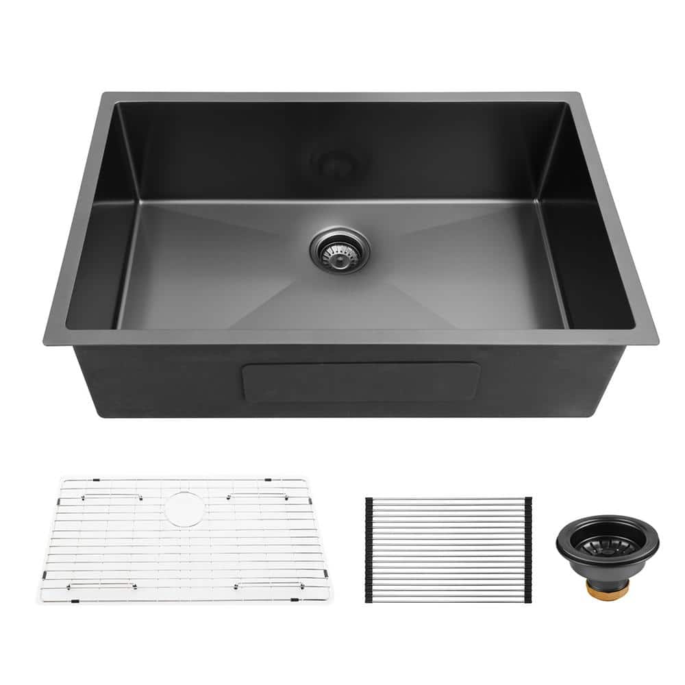 ALWEN Stainless Steel 33 in. Gunmetal Black Single Bowl Undermount Kitchen Sink with Bottom Grid and Kitchen Sink Drain