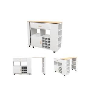 White Rubber Wood 48 in. Kitchen Island Reversible Folding Kitchen Cart with Wine Rack and Spice Rack