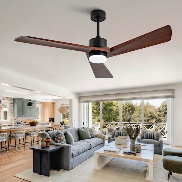 Modern 60 in. Black 3 Wood Blades Downrod Standard Ceiling Fan with LED Light and Remote Control Included