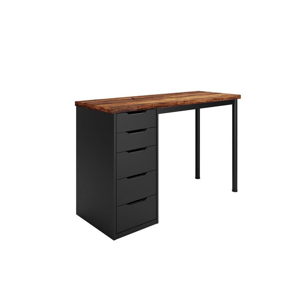 Havrvin 47 in. Rectangular Rustic Brown and Black 5-Drawer Computer Desk for Home Office
