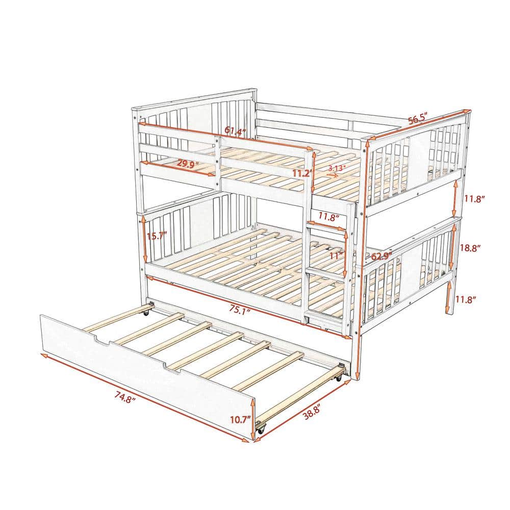 Harper & Bright Designs White Full Wood Bunk Bed with Twin Size Trundle and Ladder - 2