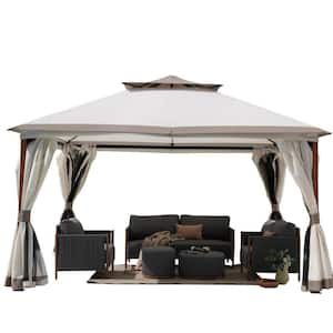 10 ft. x 13 ft. Iron Frame Outdoor Soft-Top Gazebo 2-Tiers Top Design Canopy with Mosquito Netting and Curtains