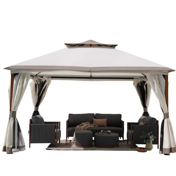 Mondawe 10 ft. x 13 ft. Iron Frame Outdoor Soft-Top Gazebo 2-Tiers Top Design Canopy with Mosquito Netting and Curtains