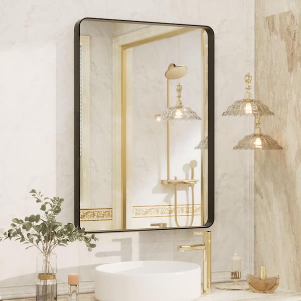 Apmir 20 in. W x 28 in. H Rectangular Aluminum Alloy Framed and Tempered Glass Wall Bathroom Vanity Mirror in Matte Black