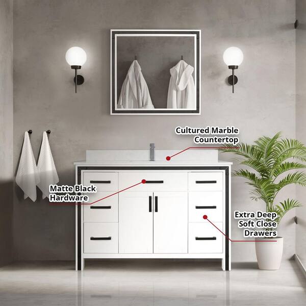 Lexora Ziva 48 in W x 22 in D White Bath Vanity, Cultured Marble