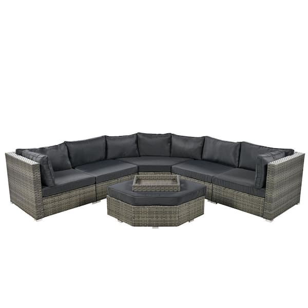 Unbranded 6-Piece Grey Wicker Outdoor Patio Furniture Set, Sectional Sofa with Ottoman and Cushions and Small Trays