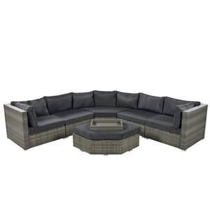 8 Piece Patio Wicker Outdoor Sectional Rattan Furniture Sofa Set with One Storage Box Under Seat and Black Cushion