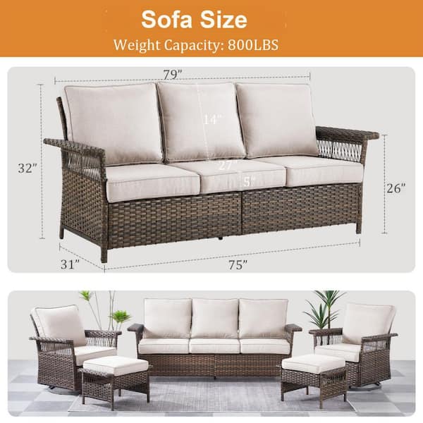 Modern 3-Seat Brown PE Wicker Outdoor Couch with Olefin Beige Cushions and Seagull Armrest