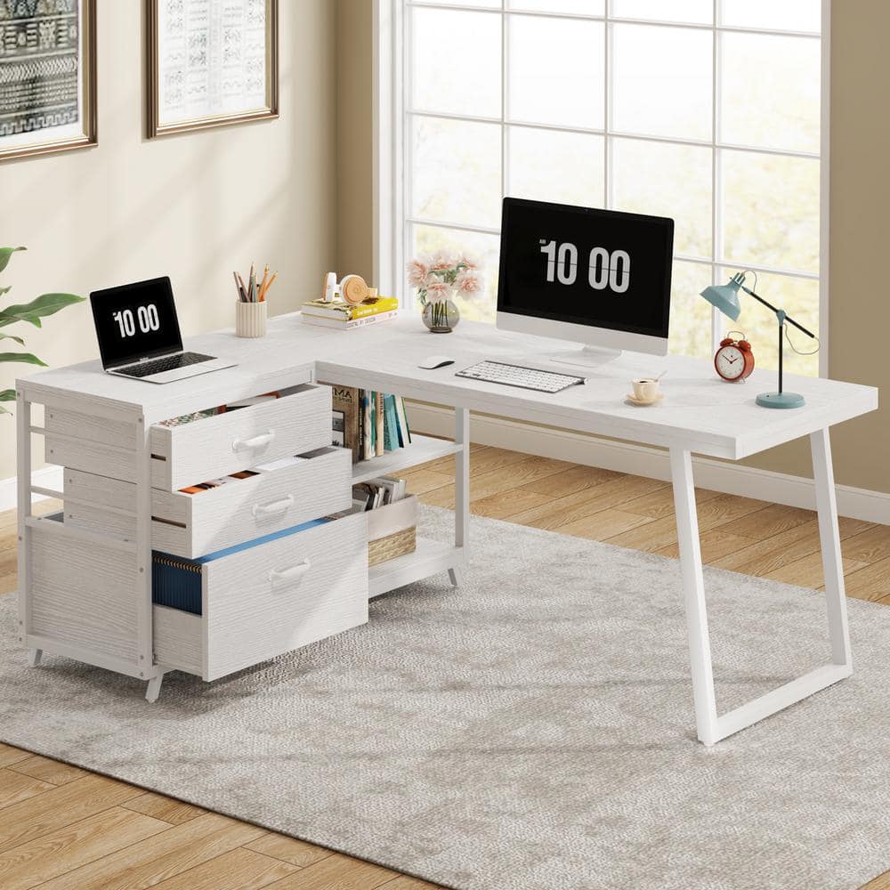 BYBLIGHT Lanita 53.1 in. Reversible L Shaped Desk White Engineered Wood ...