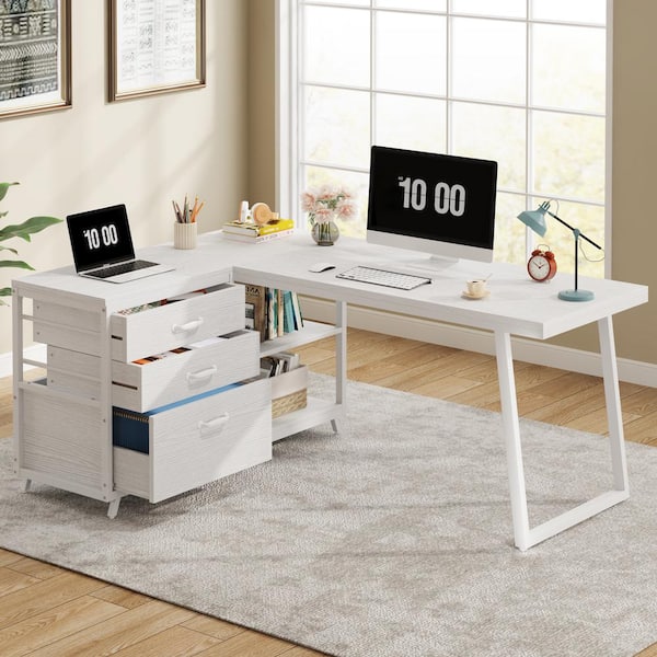 BYBLIGHT Lanita 53.1 in. Reversible L Shaped Desk White Engineered Wood 3-Drawer Computer Desk with Storage Shelves