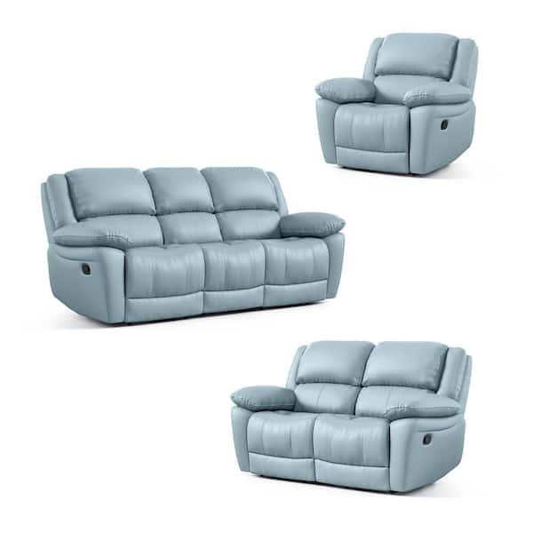 Loure 3-Piece Powder Blue Leather Match Reclining Living Room Set with Pillow Top Arms and Adjustable Headrest