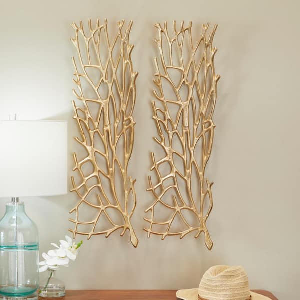 Litton Lane Aluminum Gold Inspired Coral Wall Decor (Set of 2)