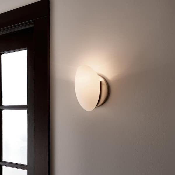 Swiss Passport 1-Light Brushed Nickel Bathroom Indoor Wall Sconce Light with Satin Etched Cased Opal Glass Shade