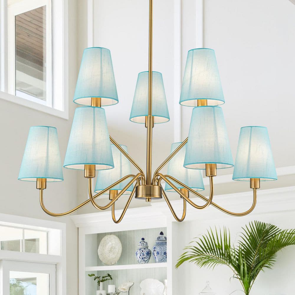 9-Light Modern Tiered Brass Chandelier with Blue Fabric Shades for Dining Room, Living Room price history on PriceWatchPro