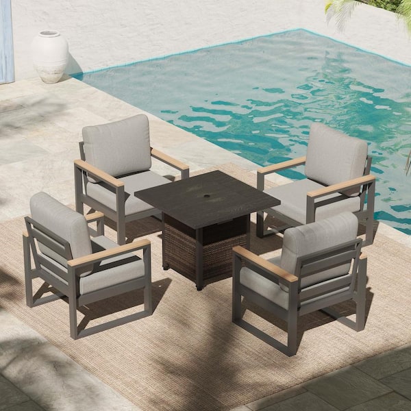 AURA OUTDOOR 5-Piece Aluminum Fire Pit Patio Set Outdoor Conversation Set with Gray Cushions and 28 in. Wicker Fire Pit Table