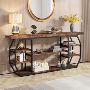 Turrella 71 in. Brown Rectangle Particle Board Console Table with 6-Storage Shelves for Living Room, Entrance