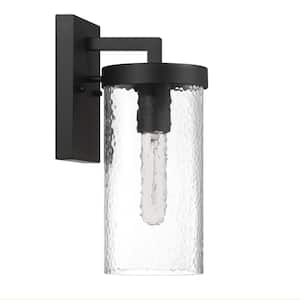 Aria Matte Black Outdoor Hardwired Lantern Sconce Cylindrical Textured Water Glass and Metal Wall Mounted