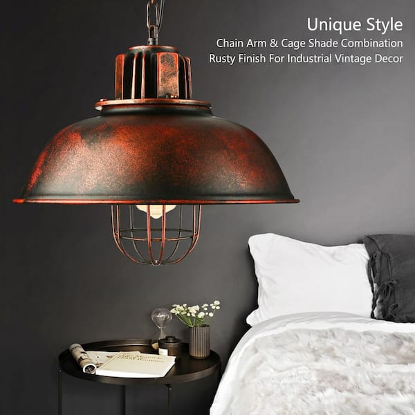 OUKANING 1-Light Rust Retro Farmhouse Industrial Cage Pendant