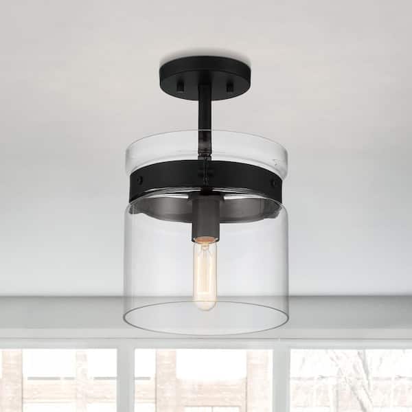 Designers Fountain Mighlight LA 9 in. 1-Light Matte Black Glam Entryway Semi-Flush Mount with Clear Glass Shade