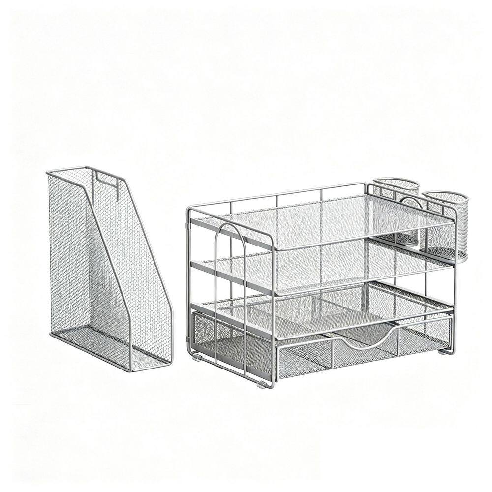 Vanity Organizer in Gray, 4-Tier Desk Organizers with File Holder, Workspace Organizers with Drawer and 2 Pen Holder price history on PriceWatchPro