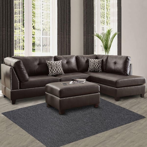 34 in. Flared Arm 3-Piece Bonded Leather L-Shaped Sectional Sofa in Brown with Wood Legs