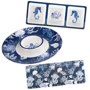 Sea Life 3-Piece 14.25 in. Multi-Colored Melamine 19 in. Platter, 14.5 in. Relish Tray, Chip And Dip Servers Hostess Set
