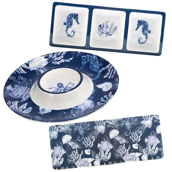 Certified International Sea Life 3-Piece 14.25 in. Multi-Colored Melamine 19 in. Platter, 14.5 in. Relish Tray, Chip And Dip Servers Hostess Set