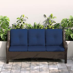 3-Seat Brown Wicker Outdoor Couch Patio Sectional Sofa with Deep Seating and Blue Cushions